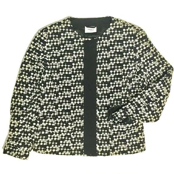 AKRIS PUNTO Blazer Jacket Tweed Dot Embroidered Wool Belted Waist Black White 8 - Picture 6 of 16